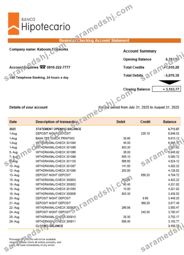 Banco Hipotecario company statement Word and PDF format